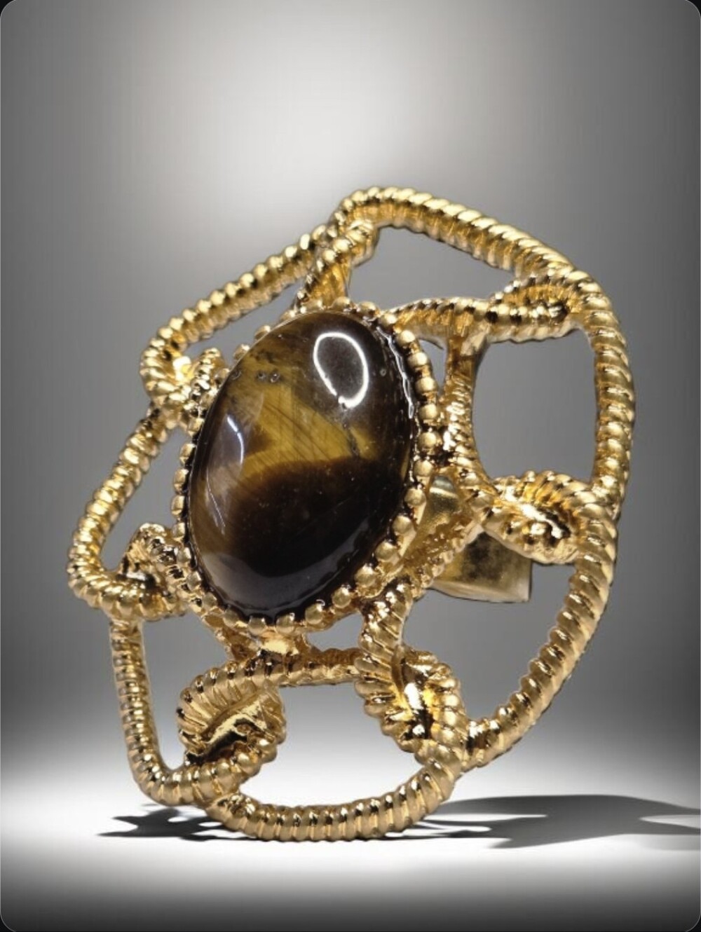 Huge 18k Gold Plated Twisted Web Tigers Eye Statement Ring